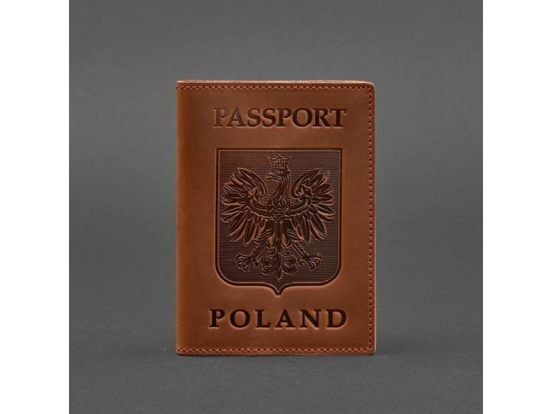 Кожаная обложка для паспорта с польским гербом светло-коричневая Crazy Horse, фото 4