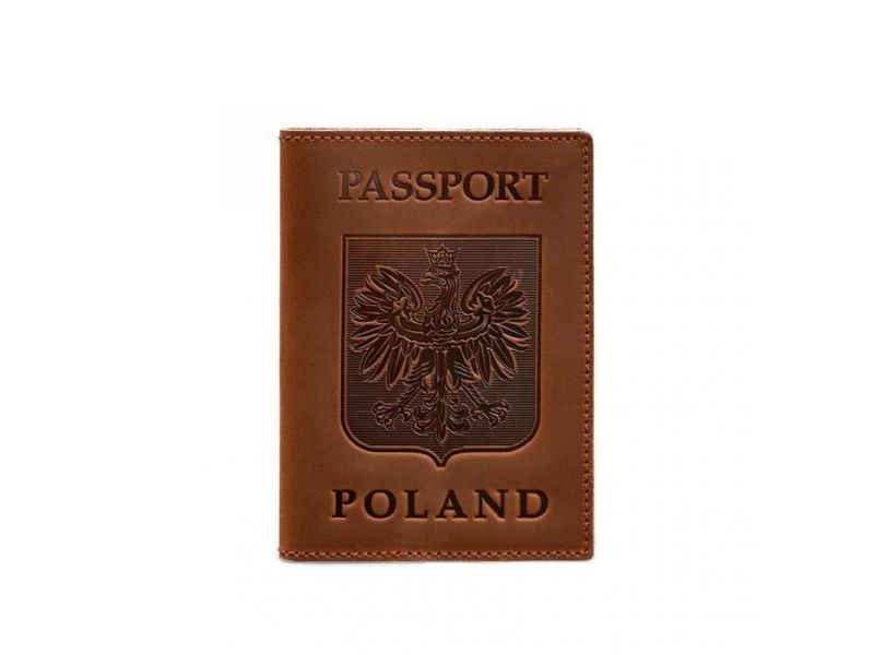 Кожаная обложка для паспорта с польским гербом светло-коричневая Crazy Horse, фото 5