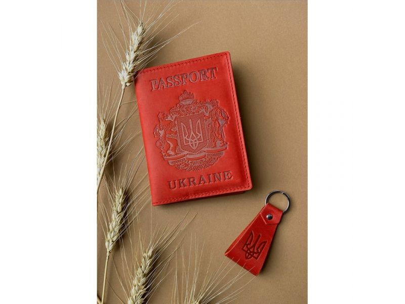 Подарочный набор кожаных аксессуаров с украинской символикой коралл, фото 1