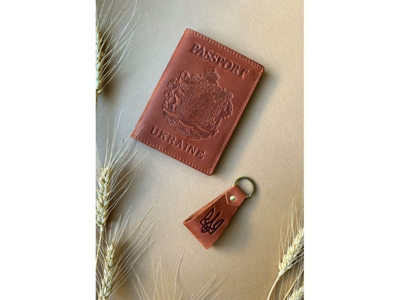 Подарочный набор кожаных аксессуаров с украинской символикой светло-коричневый, фото 1