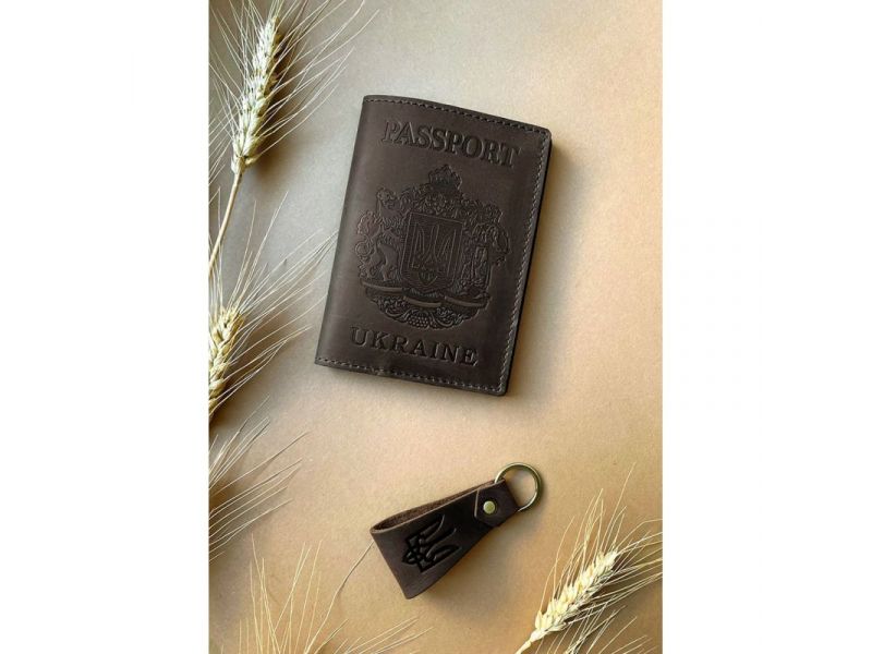 Подарочный набор кожаных аксессуаров с украинской символикой темно-коричневый, фото 1