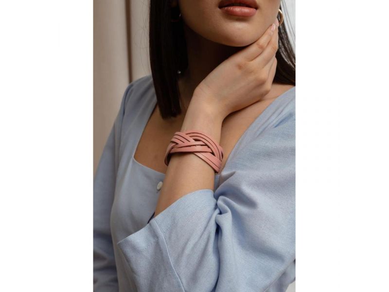 Кожаный браслет косичка розовый, фото 2