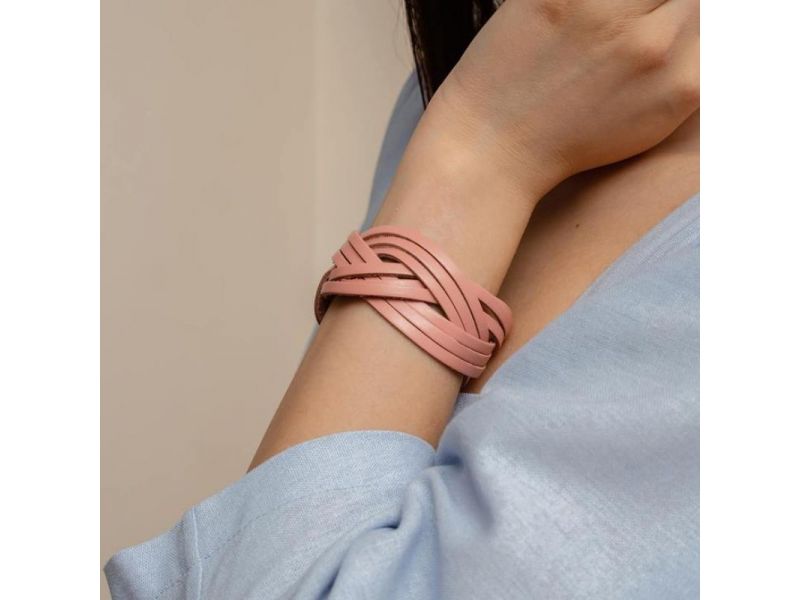 Кожаный браслет косичка розовый, фото 4