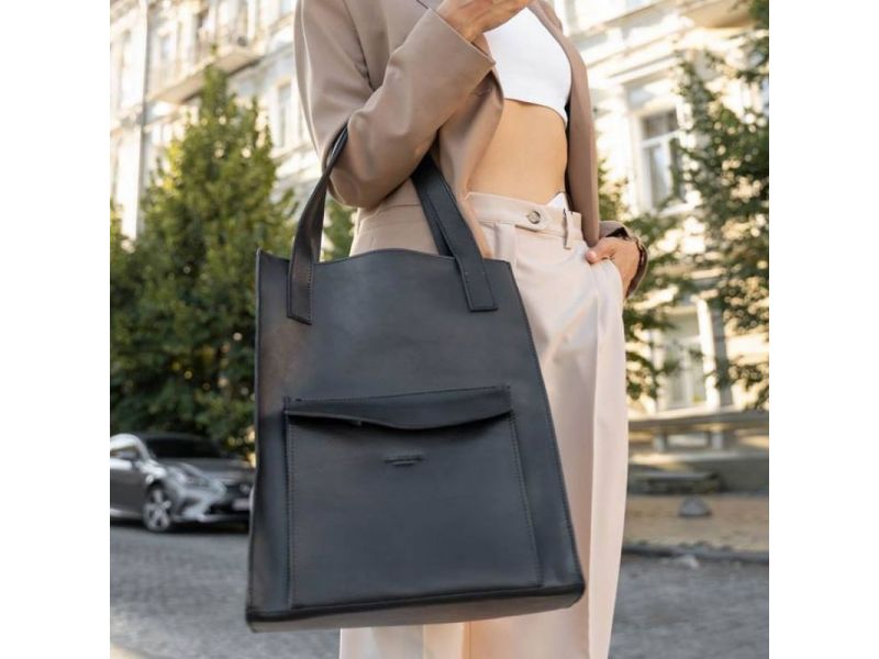 Кожаная женская сумка шоппер Бэтси с карманом черная Краст, фото 5