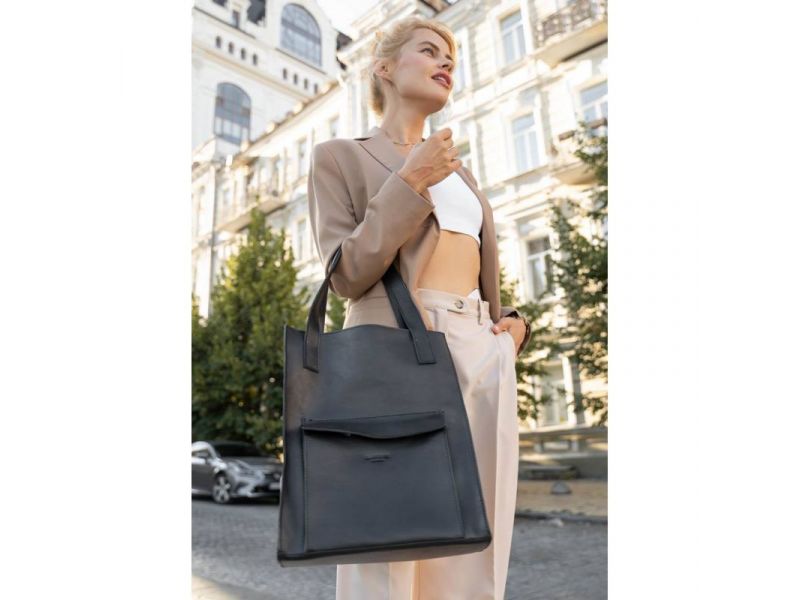 Кожаная женская сумка шоппер Бэтси с карманом черная Краст, фото 3