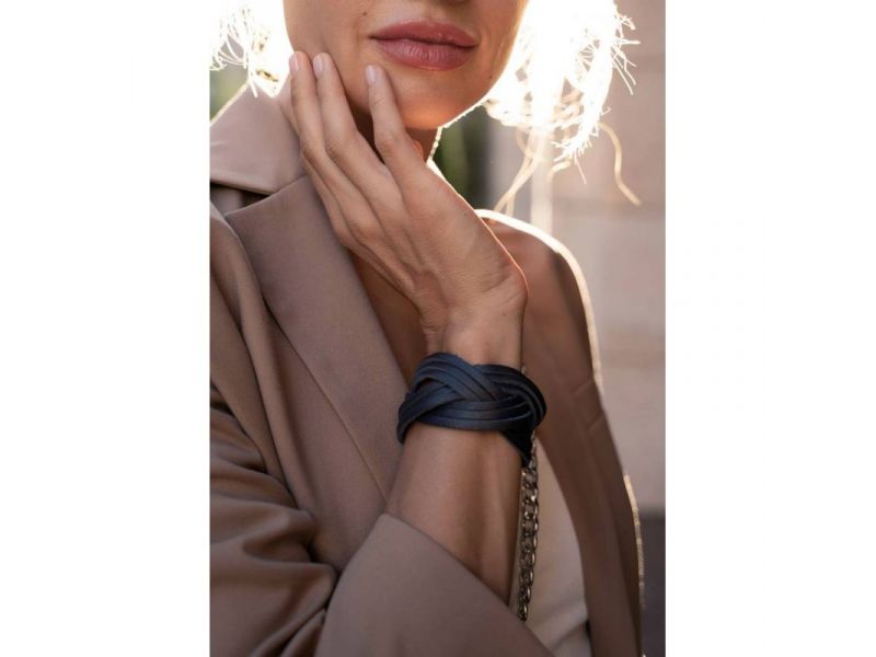 Кожаный браслет косичка темно-синий, фото 3