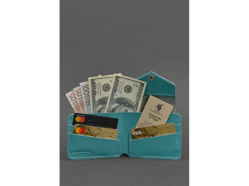 Кожаное портмоне 4.2 на кнопке бирюзовое, фото 2
