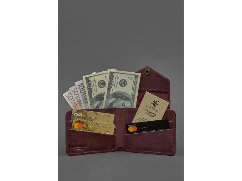 Кожаное портмоне 4.2 на кнопке бордовое Crazy Horse, фото 2