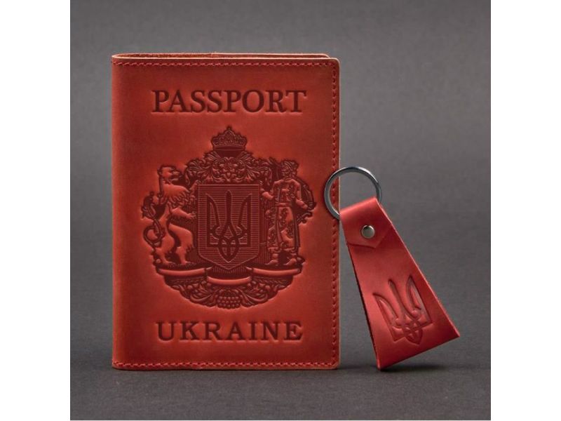 Подарочный набор кожаных аксессуаров с украинской символикой коралл, фото 4