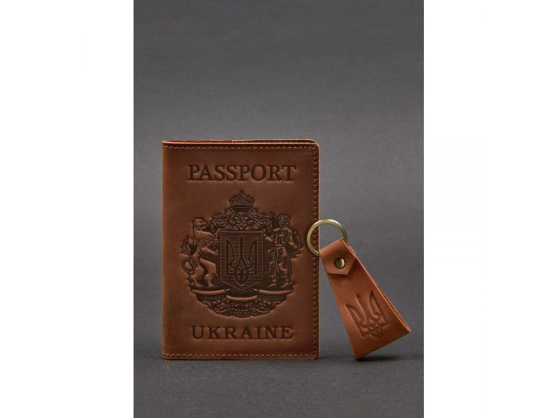 Подарочный набор кожаных аксессуаров с украинской символикой светло-коричневый, фото 2