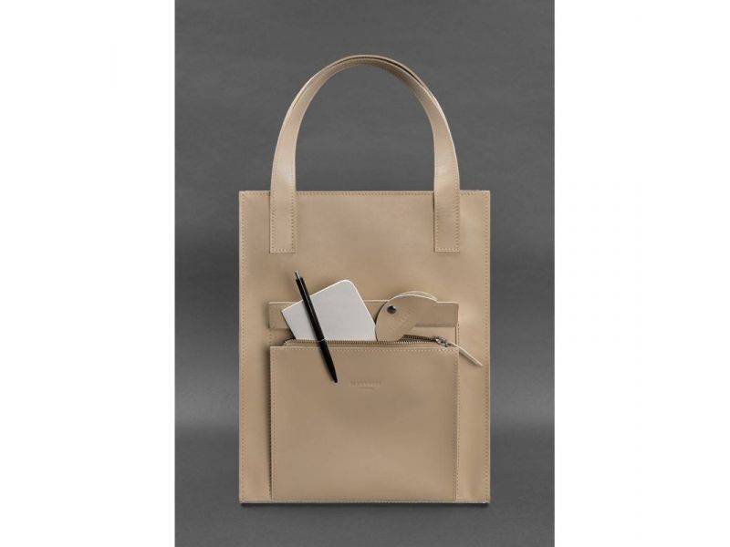 Кожаная женская сумка шоппер Бэтси с карманом светло-бежевая Краст, фото 3