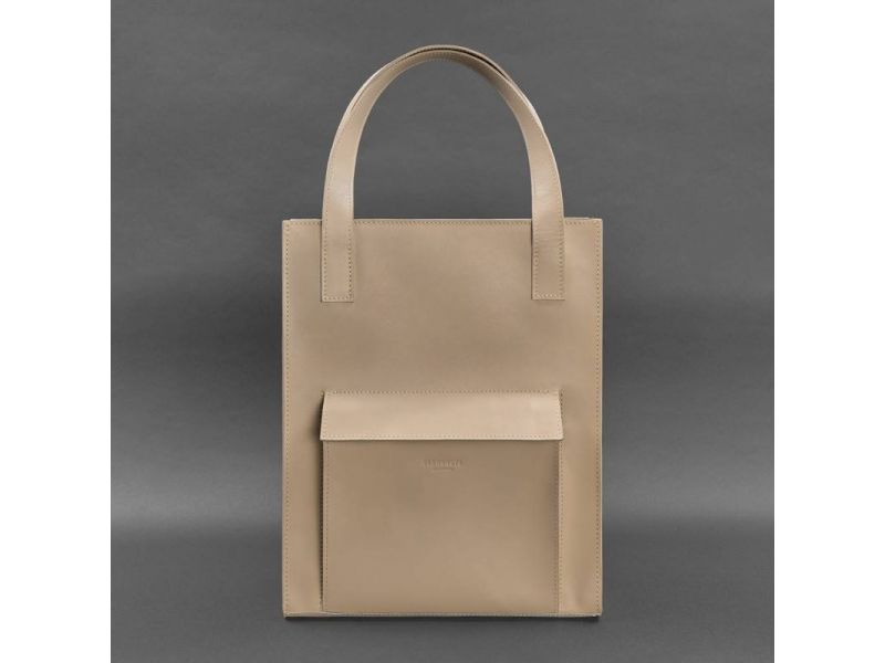 Кожаная женская сумка шоппер Бэтси с карманом светло-бежевая Краст, фото 10