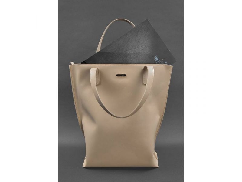 Кожаная женская сумка шоппер D.D. светло-бежевая краст, фото 2