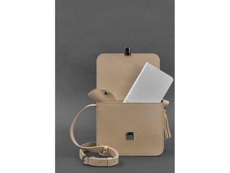 Кожаная женская бохо-сумка Лилу светло-бежевая краст, фото 2