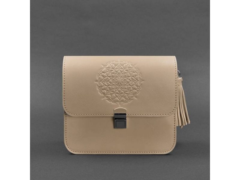 Кожаная женская бохо-сумка Лилу светло-бежевая краст, фото 6