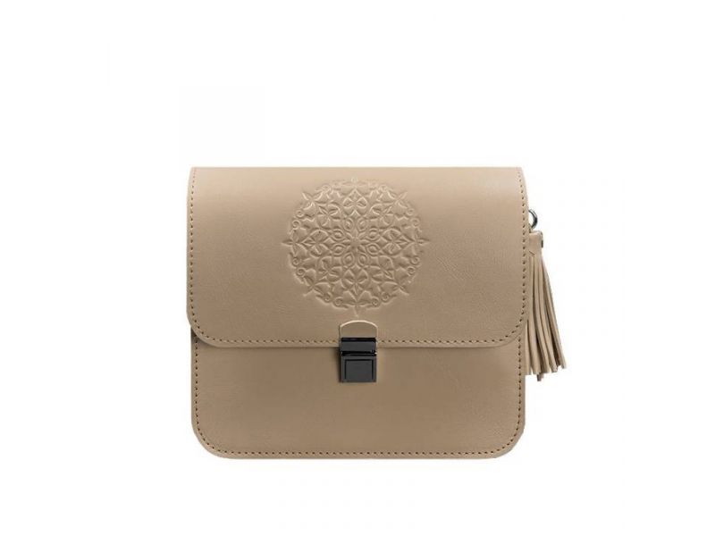 Кожаная женская бохо-сумка Лилу светло-бежевая краст, фото 7