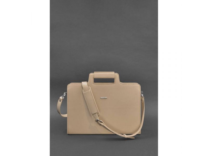 Женская кожаная сумка для ноутбука и документов светло-бежевая, фото 4