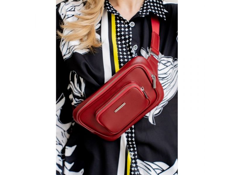 Кожаная поясная сумка-бананка Трапеция красная, фото 7