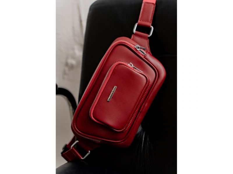 Кожаная поясная сумка-бананка Трапеция красная, фото 10