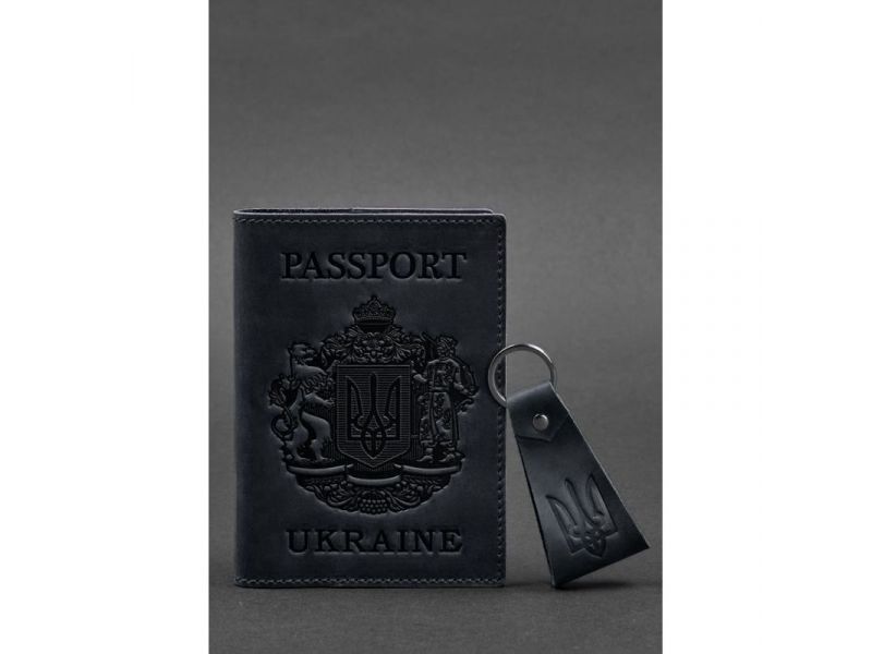 Подарочный набор кожаных аксессуаров с украинской символикой темно-синий, фото 3