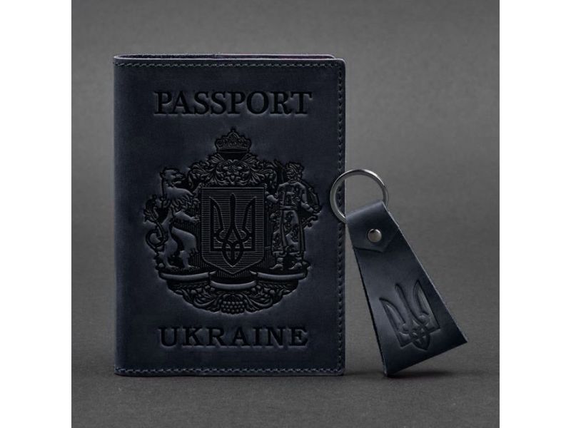 Подарочный набор кожаных аксессуаров с украинской символикой темно-синий, фото 5