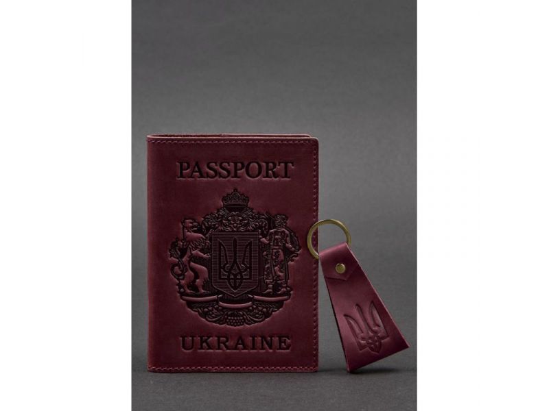 Подарочный набор кожаных аксессуаров с украинской символикой бордовый, фото 2