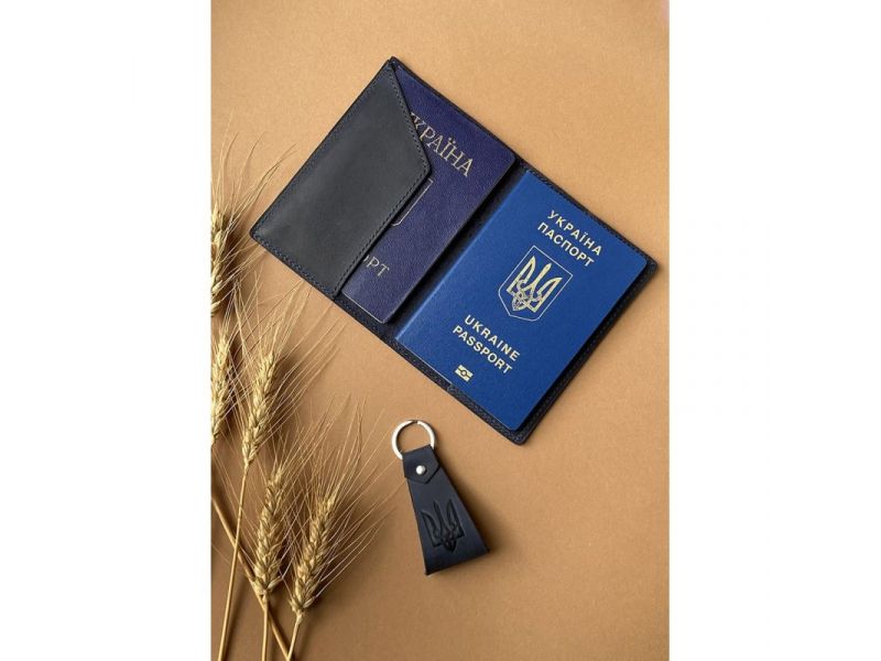 Подарочный набор кожаных аксессуаров с украинской символикой темно-синий, фото 2