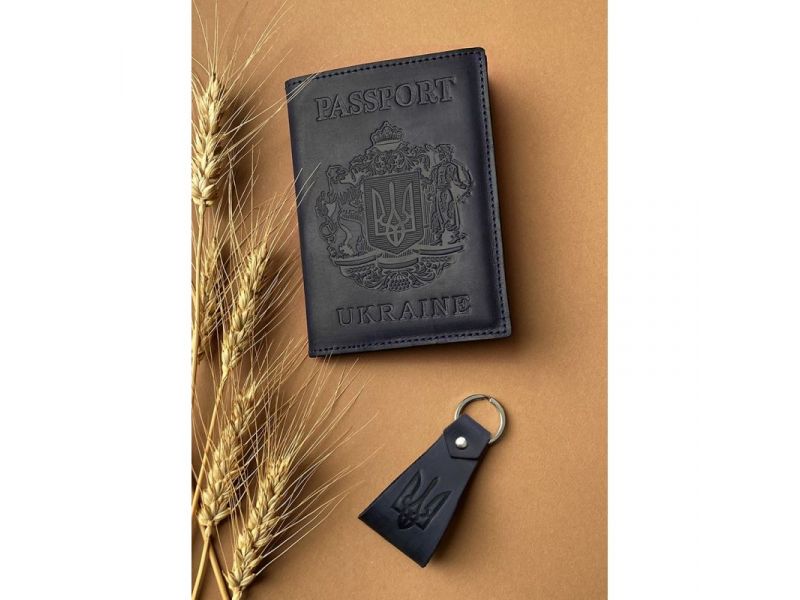 Подарочный набор кожаных аксессуаров с украинской символикой темно-синий, фото 1