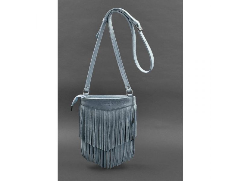 Кожаная женская сумка с бахромой мини-кроссбоди Fleco голубая, фото 1