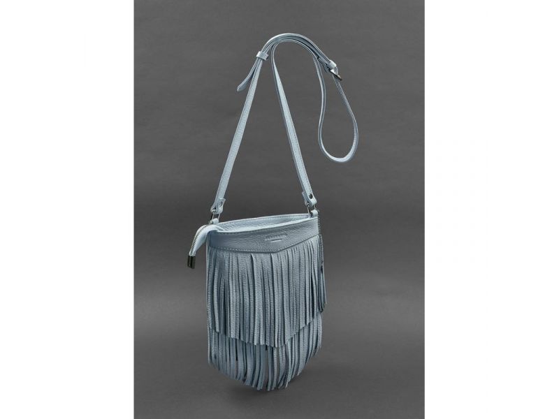 Кожаная женская сумка с бахромой мини-кроссбоди Fleco голубая, фото 2
