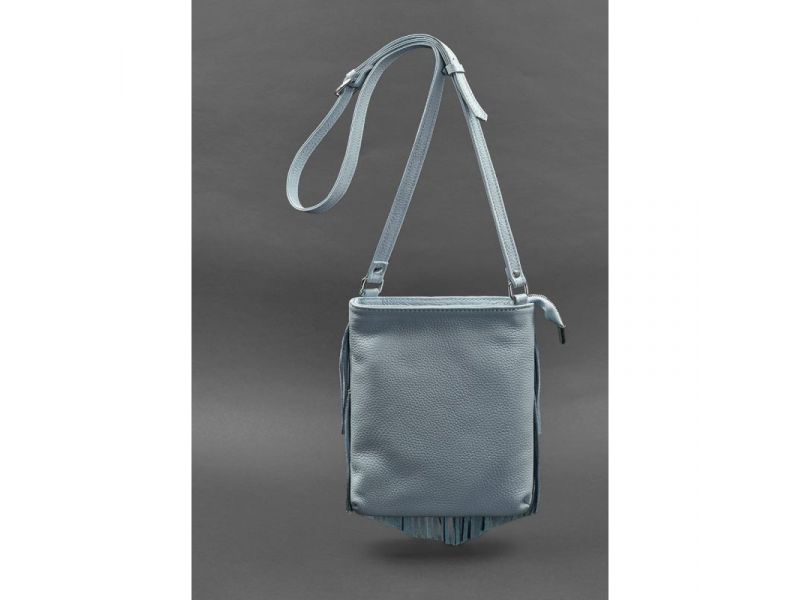 Кожаная женская сумка с бахромой мини-кроссбоди Fleco голубая, фото 3