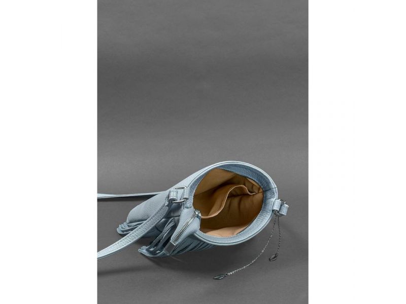 Кожаная женская сумка с бахромой мини-кроссбоди Fleco голубая, фото 4