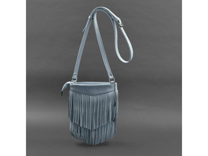 Кожаная женская сумка с бахромой мини-кроссбоди Fleco голубая, фото 5