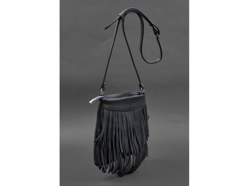 Кожаная женская сумка с бахромой мини-кроссбоди Fleco темно-синяя, фото 2