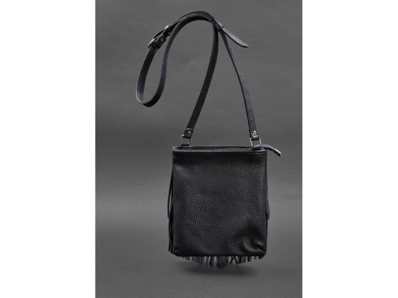 Кожаная женская сумка с бахромой мини-кроссбоди Fleco темно-синяя, фото 3