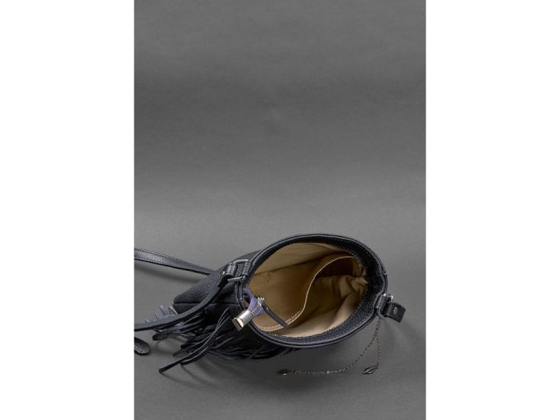 Кожаная женская сумка с бахромой мини-кроссбоди Fleco темно-синяя, фото 4