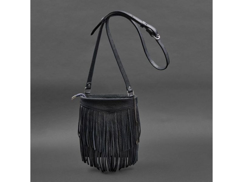Кожаная женская сумка с бахромой мини-кроссбоди Fleco темно-синяя, фото 5