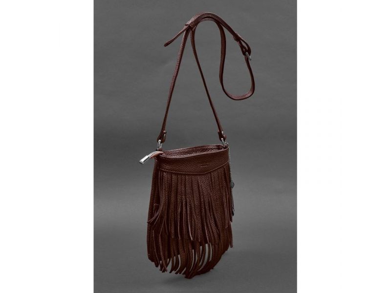Кожаная женская сумка с бахромой мини-кроссбоди Fleco бордовая, фото 2