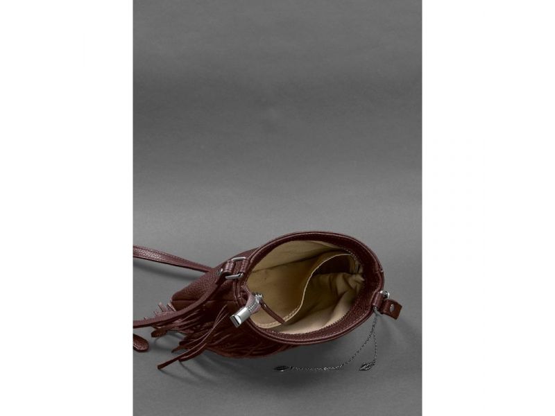 Кожаная женская сумка с бахромой мини-кроссбоди Fleco бордовая, фото 4