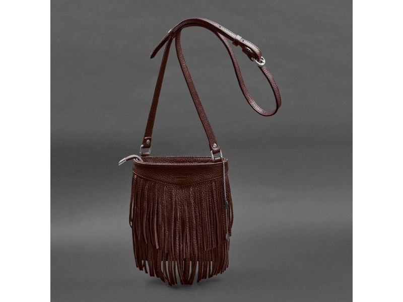 Кожаная женская сумка с бахромой мини-кроссбоди Fleco бордовая, фото 5