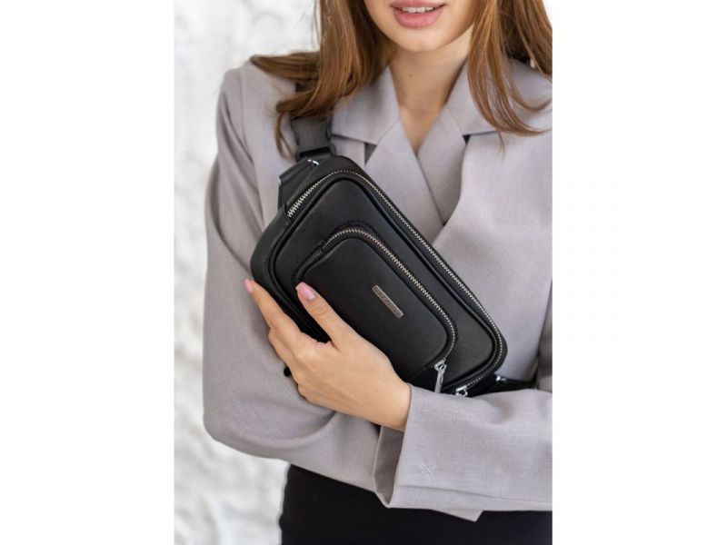 Кожаная поясная сумка-бананка Трапеция черная, фото 1