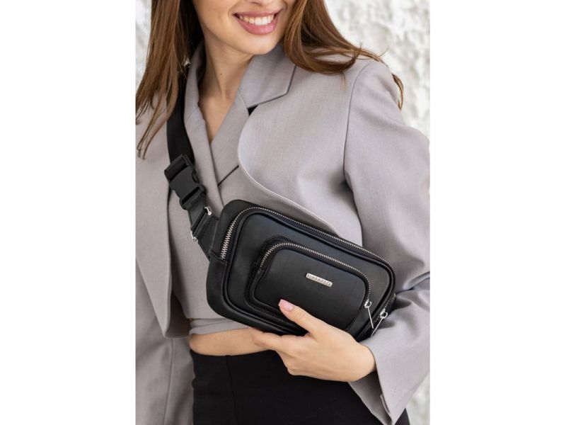 Кожаная поясная сумка-бананка Трапеция черная, фото 9