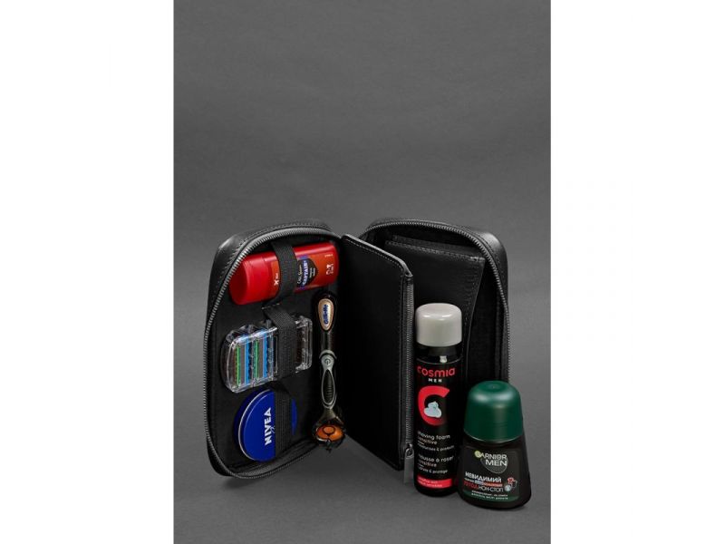 Кожаный дорожный органайзер для проводов, косметичка-несессер 7.0 черный краст, фото 7