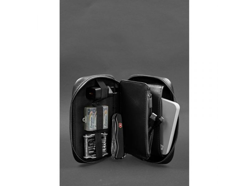 Кожаный дорожный органайзер для проводов, косметичка-несессер 7.0 черный краст, фото 2