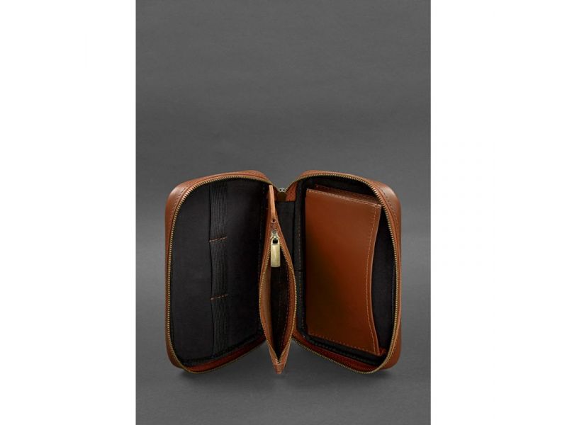 Кожаный дорожный органайзер для проводов, косметичка-несессер 7.0 светло-коричневый краст, фото 5