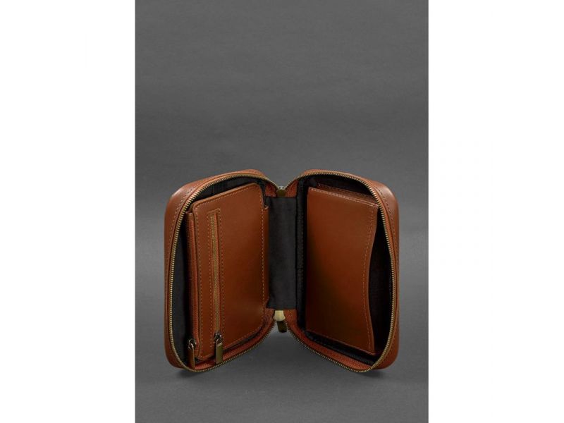 Кожаный дорожный органайзер для проводов, косметичка-несессер 7.0 светло-коричневый краст, фото 6