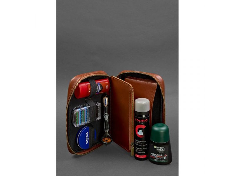 Кожаный дорожный органайзер для проводов, косметичка-несессер 7.0 светло-коричневый краст, фото 7