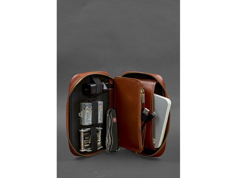 Кожаный дорожный органайзер для проводов, косметичка-несессер 7.0 светло-коричневый краст, фото 2