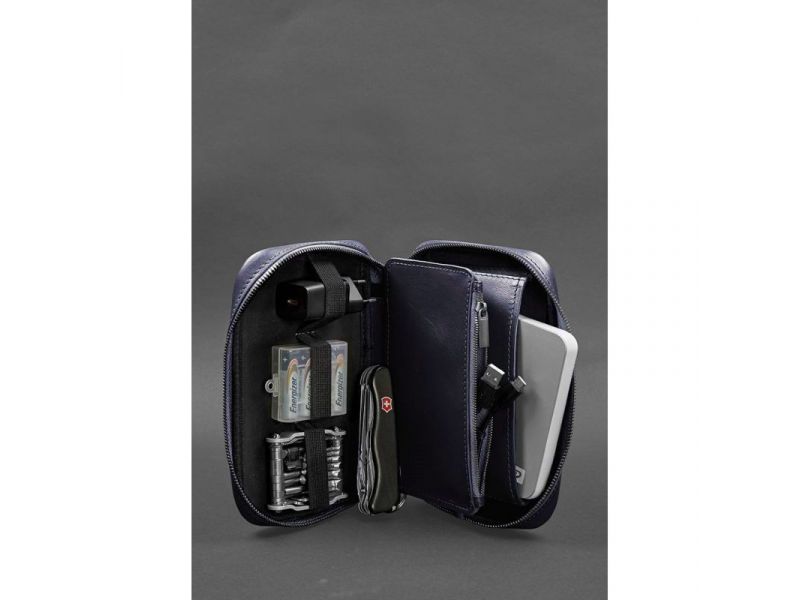 Кожаный дорожный органайзер для проводов, косметичка-несессер 7.0 синий краст, фото 2