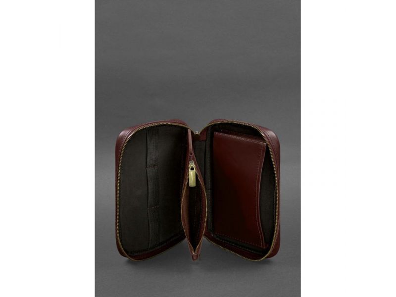 Кожаный дорожный органайзер для проводов, косметичка-несессер 7.0 бордовый краст, фото 5